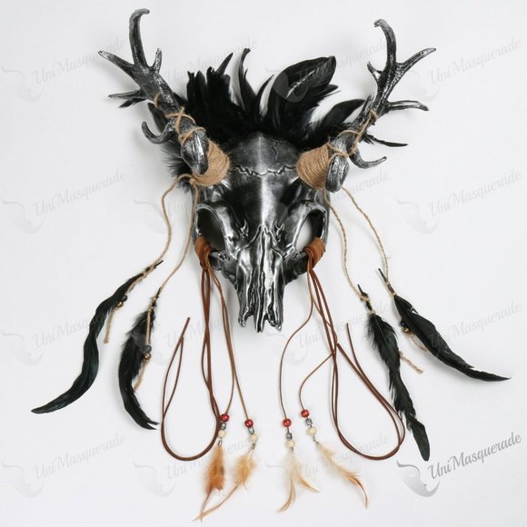 Black Silver Deer Horn Animal Skull Masquerade - Picture 1 of 6